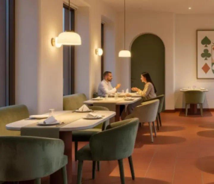 Večerní atmosféra restaurace Komorní Večer s intimním osvětlením a připravenými stoly na tematickou akci