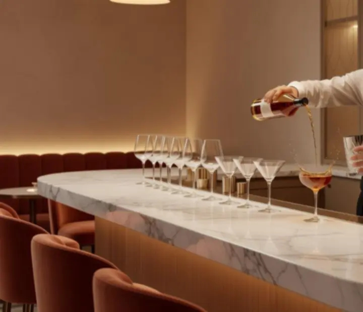 Otevřený bar s koktejly v restauraci Komorní Večer.