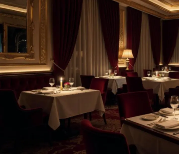 Večerní osvětlení restaurace Komorní Večer se svíčkami na stolech.