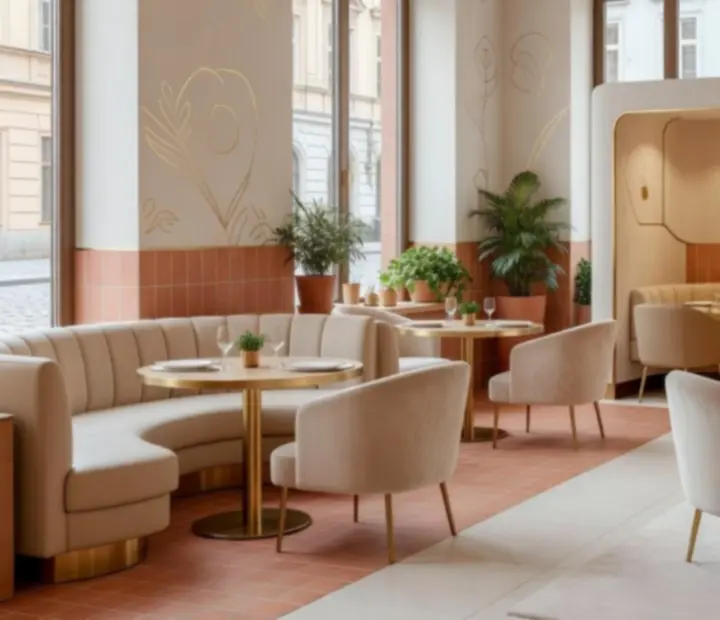 Světlý interiér restaurace Komorní Večer s velkými stoly a decentní výzdobou