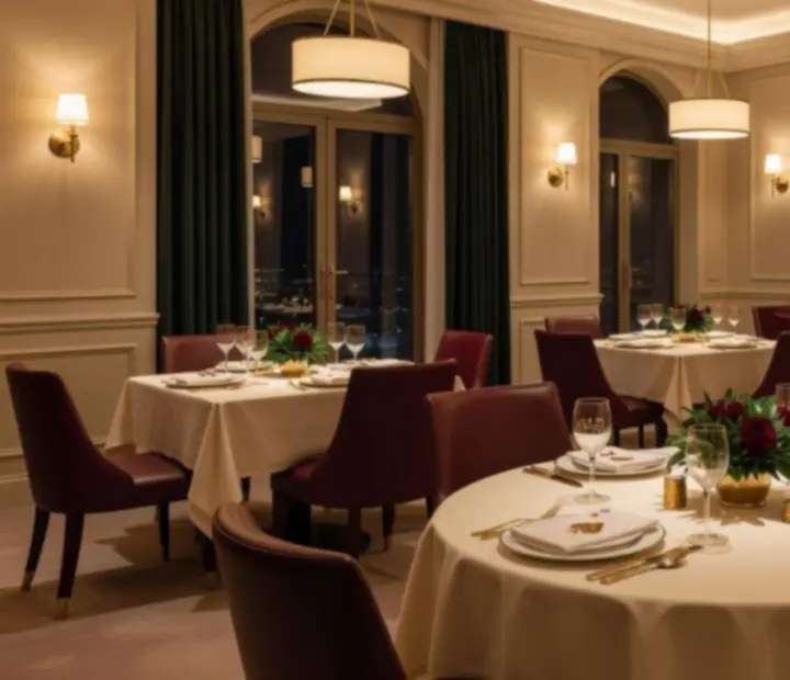 Večerní interiér restaurace Komorní Večer se svíčkami a elegantně prostřenými stoly