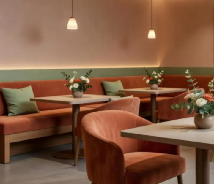 Elegantní interiér restaurace Komorní Večer v teplých barvách