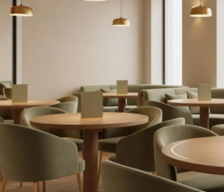 Jemně prosvětlený interiér restaurace Komorní Večer s teplým osvětlením.