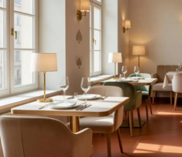 Světlý interiér restaurace Komorní Večer s elegantně prostřenými stoly
