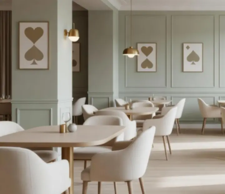 Světlem prosvětlený interiér restaurace Komorní Večer se stylově prostřenými stoly