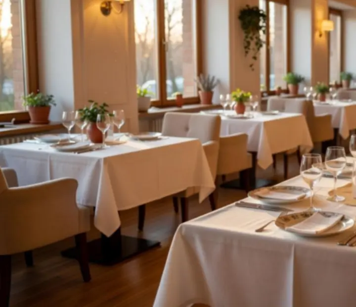 Světelný, elegantní interiér restaurace připravený na soukromou oslavu