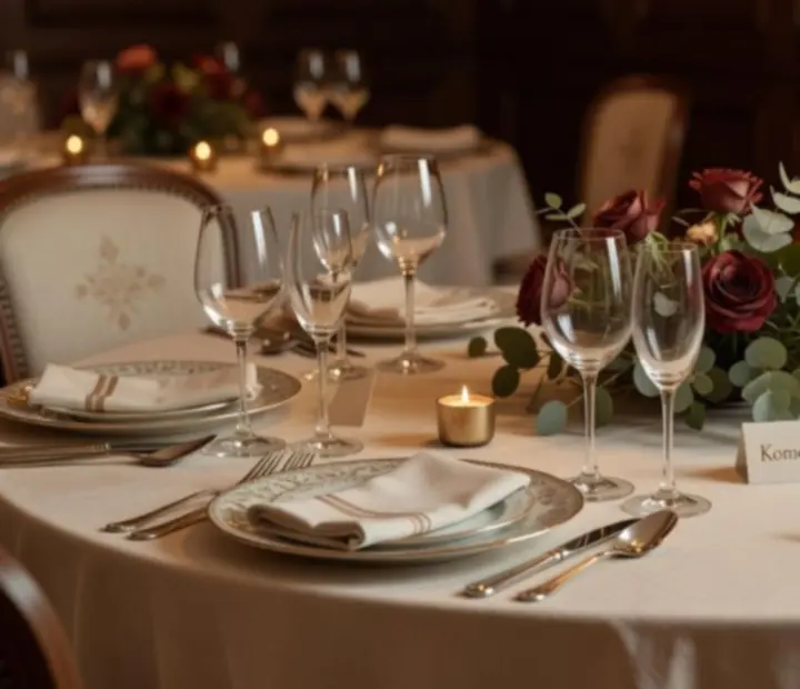 Pohled na připravené stoly v restauraci určené pro soukromou rezervaci