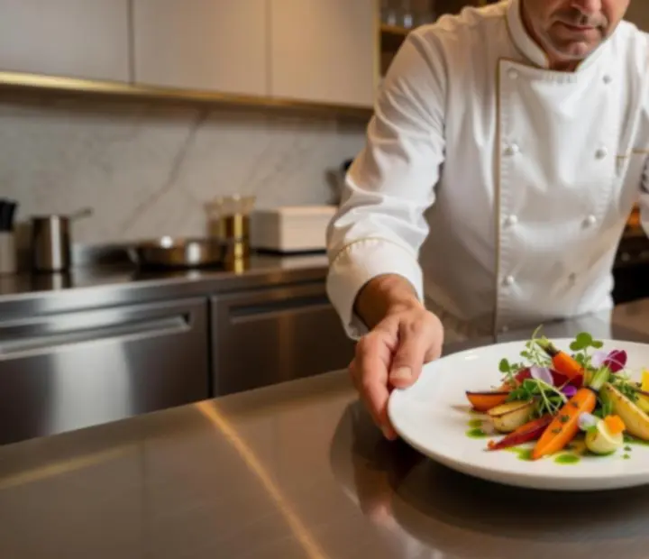 Kuchař servíruje elegantně naaranžovaný pokrm v restauraci